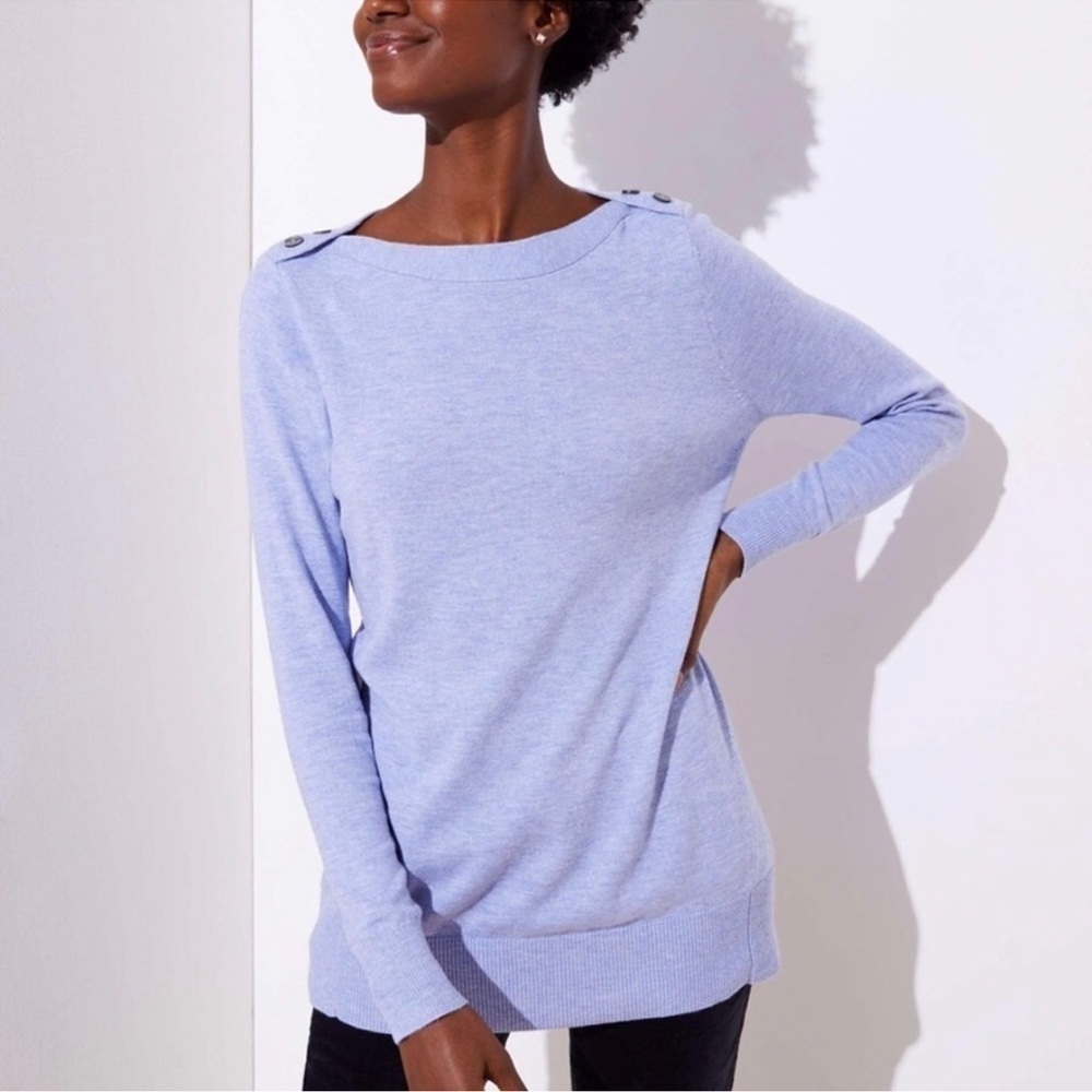 Loft Shoulder Button Knit Top Boat Neckline Heathered Lavendar